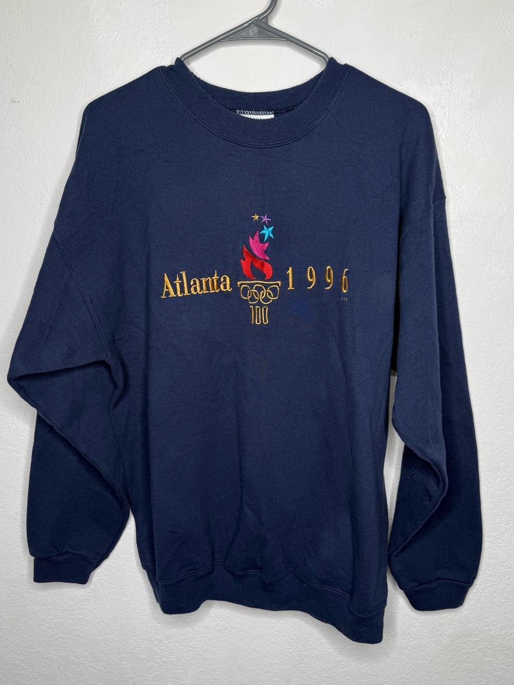 Vintage Hanes Navy Atlanta 1996 Crewneck Sweatshirt with logo size L